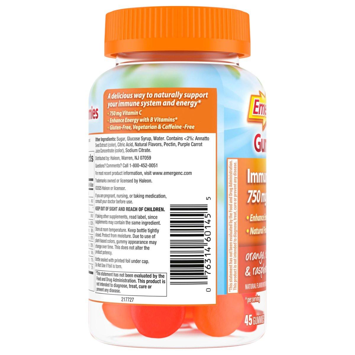 Emergen-C 750 mg Vitamin C Gummis für Erwachsene – Immun-Gummis mit B-Vitaminen, glutenfrei, Geschmacksrichtungen Orange, Mandarine und Himbeere – 45 Stück