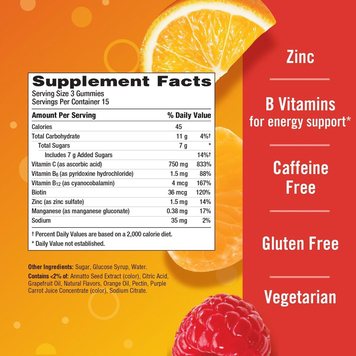 Emergen-C 750 mg Vitamin C Gummis für Erwachsene – Immun-Gummis mit B-Vitaminen, glutenfrei, Geschmacksrichtungen Orange, Mandarine und Himbeere – 45 Stück