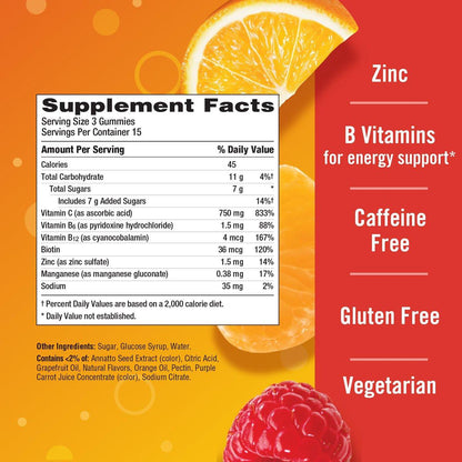 Emergen-C 750 mg Vitamin C Gummis für Erwachsene – Immun-Gummis mit B-Vitaminen, glutenfrei, Geschmacksrichtungen Orange, Mandarine und Himbeere – 45 Stück