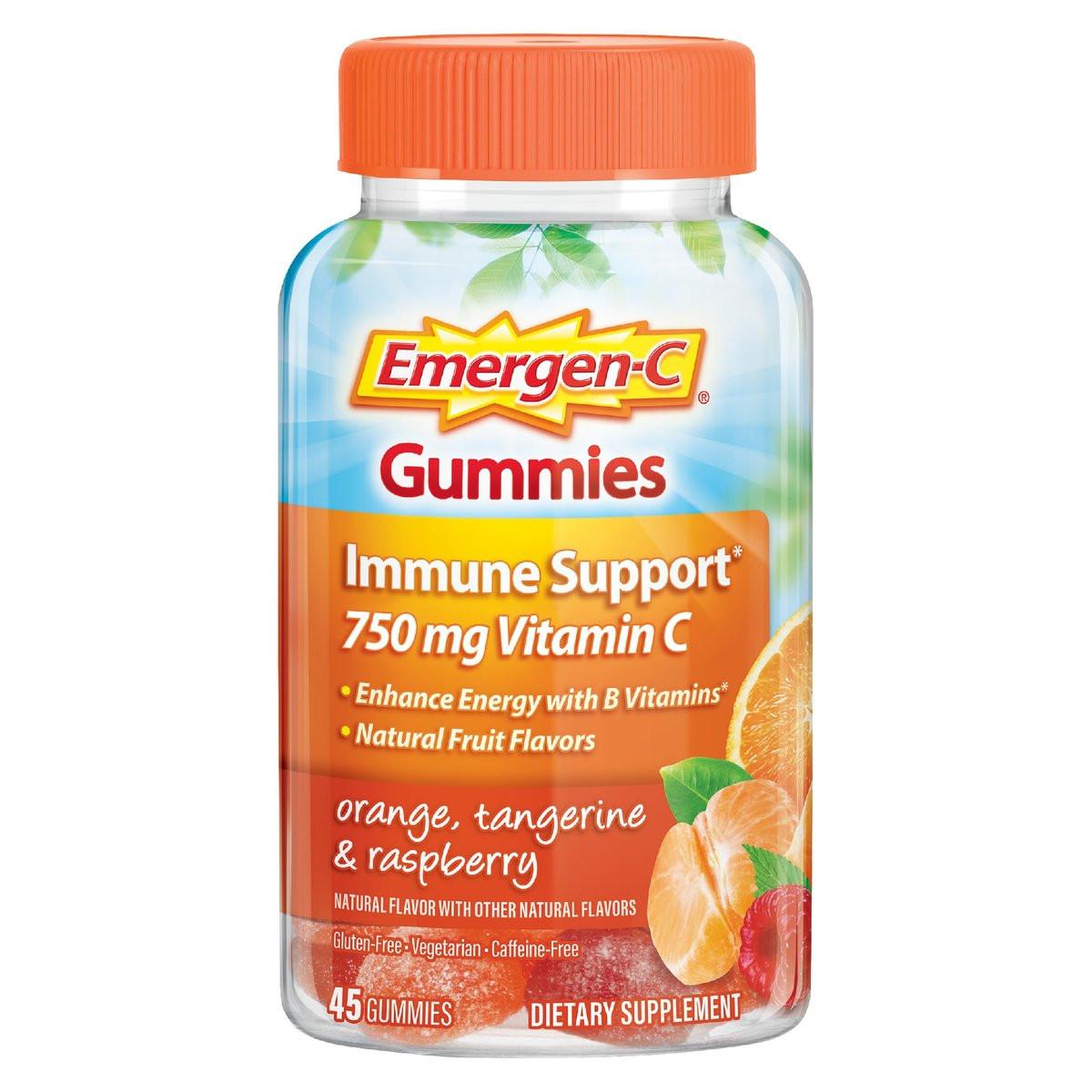 Emergen-C 750 mg Vitamin C Gummis für Erwachsene – Immun-Gummis mit B-Vitaminen, glutenfrei, Geschmacksrichtungen Orange, Mandarine und Himbeere – 45 Stück