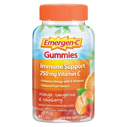 Emergen-C 750 mg Vitamin C Gummis für Erwachsene – Immun-Gummis mit B-Vitaminen, glutenfrei, Geschmacksrichtungen Orange, Mandarine und Himbeere – 45 Stück