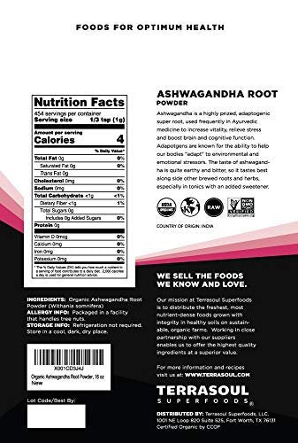Terrasoul Superfoods Bio Ashwagandha Wurzelpulver, 454 g - Stressadaptogen | Kann den Schlaf verbessern | Laborgeprüfte Qualität
