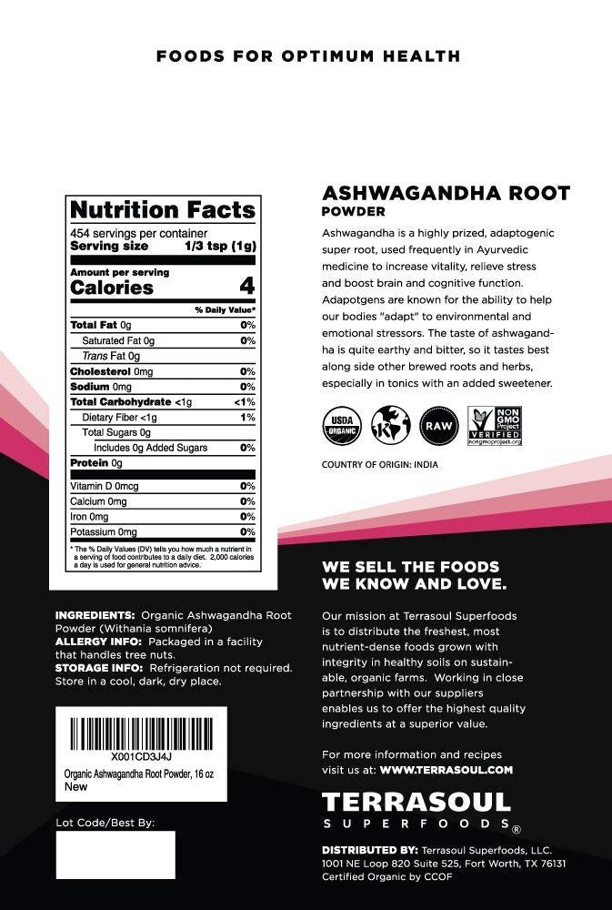 Terrasoul Superfoods Bio Ashwagandha Wurzelpulver, 454 g - Stressadaptogen | Kann den Schlaf verbessern | Laborgeprüfte Qualität