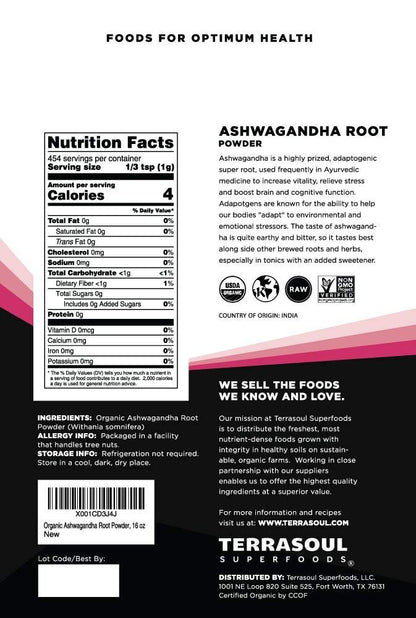 Terrasoul Superfoods Bio Ashwagandha Wurzelpulver, 454 g - Stressadaptogen | Kann den Schlaf verbessern | Laborgeprüfte Qualität