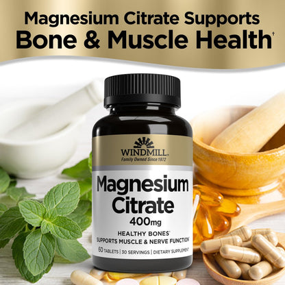 Windmill Natürliche Vitamine Magnesiumcitrat 400 mg – Immunsystem Unterstützung, Unterstützt ein gesundes Herz, 60 Kapseln, 30 Portionen