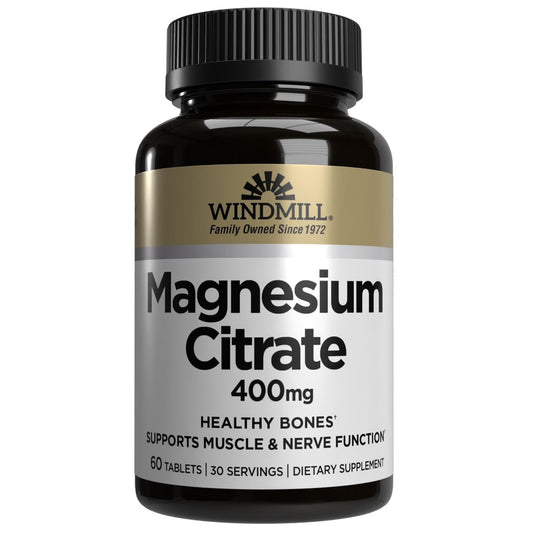 Windmill Natürliche Vitamine Magnesiumcitrat 400 mg – Immunsystem Unterstützung, Unterstützt ein gesundes Herz, 60 Kapseln, 30 Portionen