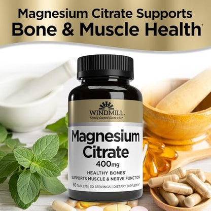 Windmill Natürliche Vitamine Magnesiumcitrat 400 mg – Immunsystem Unterstützung, Unterstützt ein gesundes Herz, 60 Kapseln, 30 Portionen