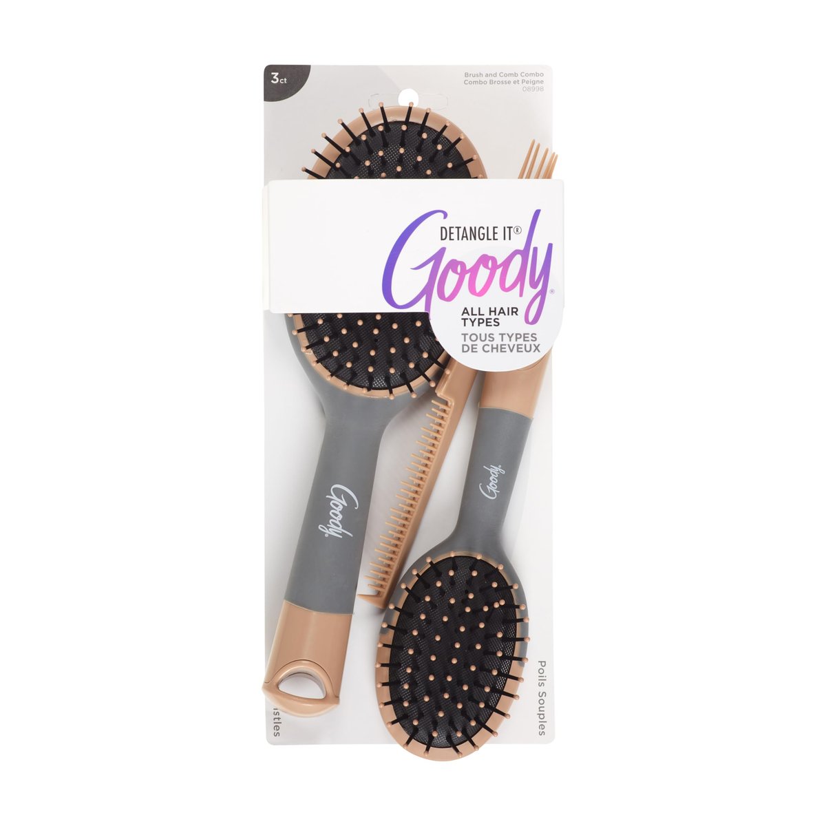 Goody Detangle It Haarbürsten Set – Große ovale Paddle-Bürste + Entwirrungskamm + Mini-Bürste, für nasses und trockenes Haar, Braun/Grau