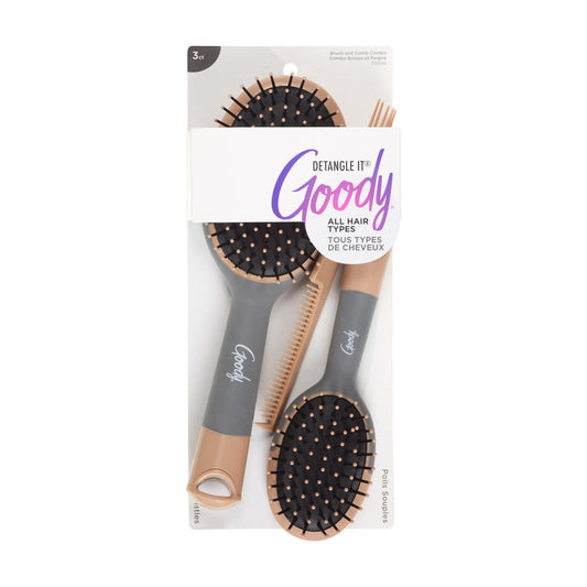 Goody Detangle It Haarbürsten Set – Große ovale Paddle-Bürste + Entwirrungskamm + Mini-Bürste, für nasses und trockenes Haar, Braun/Grau
