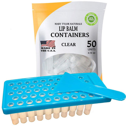 Lip Balm Container Tray Kit mit Füllschale und Spatel, BPA-frei, hergestellt in den USA, inklusive 50 klarer Behälter mit Deckel (je 0,15 oz) von Mary Tylor Naturals