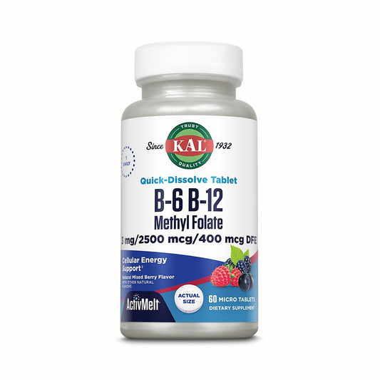KAL Vitamin B-6 B-12 Methyl Folat ActivMelt – Vitamin-B-Komplex für Herzgesundheit, Energie und rote Blutkörperchen, mit Methyl-B12 und Folsäure (DFE), natürlicher Beerengeschmack, 60 Mikrotabletten