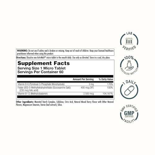 KAL Vitamin B-6 B-12 Methyl Folat ActivMelt – Vitamin-B-Komplex für Herzgesundheit, Energie und rote Blutkörperchen, mit Methyl-B12 und Folsäure (DFE), natürlicher Beerengeschmack, 60 Mikrotabletten
