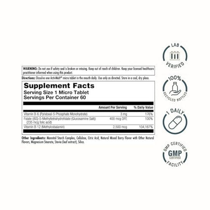KAL Vitamin B-6 B-12 Methyl Folat ActivMelt – Vitamin-B-Komplex für Herzgesundheit, Energie und rote Blutkörperchen, mit Methyl-B12 und Folsäure (DFE), natürlicher Beerengeschmack, 60 Mikrotabletten