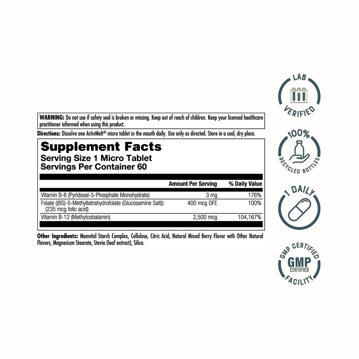 KAL Vitamin B-6 B-12 Methyl Folat ActivMelt – Vitamin-B-Komplex für Herzgesundheit, Energie und rote Blutkörperchen, mit Methyl-B12 und Folsäure (DFE), natürlicher Beerengeschmack, 60 Mikrotabletten