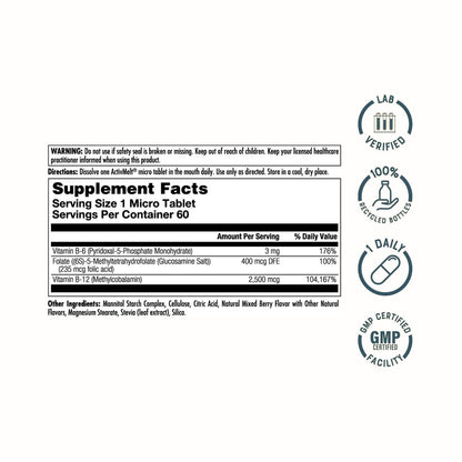 KAL Vitamin B-6 B-12 Methyl Folat ActivMelt – Vitamin-B-Komplex für Herzgesundheit, Energie und rote Blutkörperchen, mit Methyl-B12 und Folsäure (DFE), natürlicher Beerengeschmack, 60 Mikrotabletten