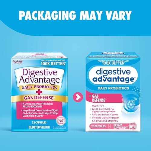 Digestive Advantage Gas Defense – Tägliches Probiotikum für Männer und Frauen mit 5 Verdauungsenzymen, unterstützt die Darmgesundheit und stoppt Blähungen, mit Immununterstützung, 32 Kapseln