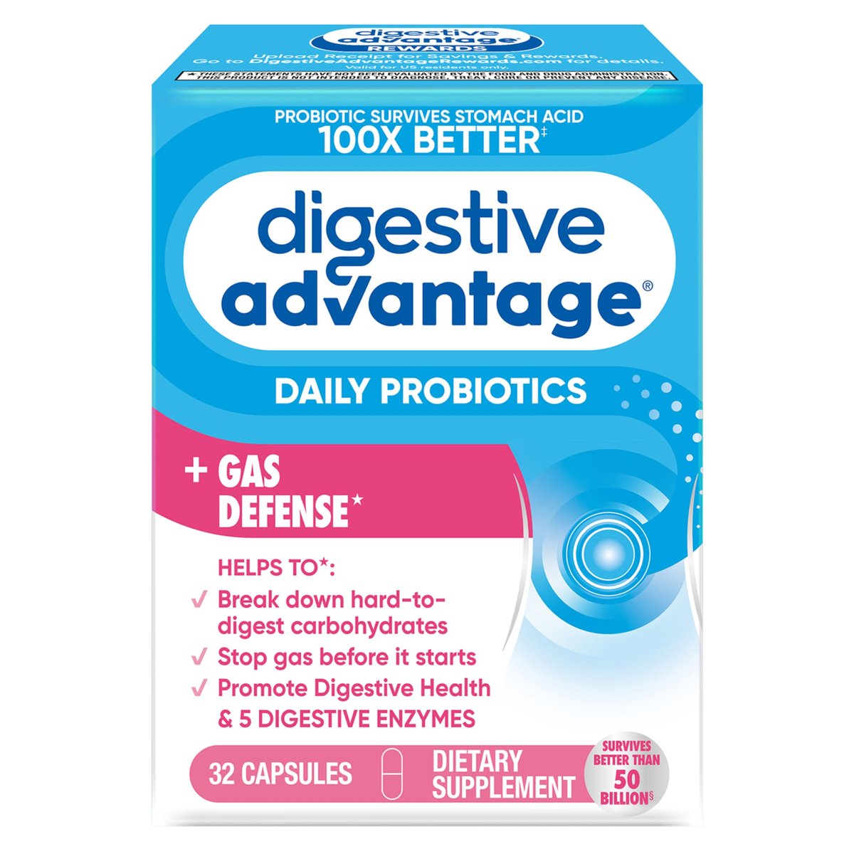 Digestive Advantage Gas Defense – Tägliches Probiotikum für Männer und Frauen mit 5 Verdauungsenzymen, unterstützt die Darmgesundheit und stoppt Blähungen, mit Immununterstützung, 32 Kapseln