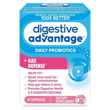 Digestive Advantage Gas Defense – Tägliches Probiotikum für Männer und Frauen mit 5 Verdauungsenzymen, unterstützt die Darmgesundheit und stoppt Blähungen, mit Immununterstützung, 32 Kapseln
