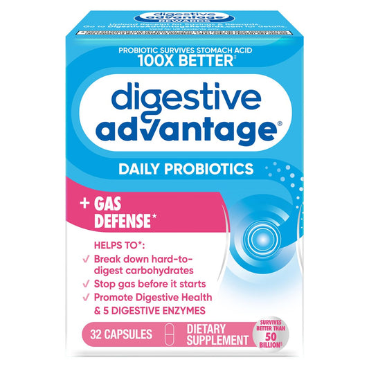 Digestive Advantage Gas Defense – Tägliches Probiotikum für Männer und Frauen mit 5 Verdauungsenzymen, unterstützt die Darmgesundheit und stoppt Blähungen, mit Immununterstützung, 32 Kapseln