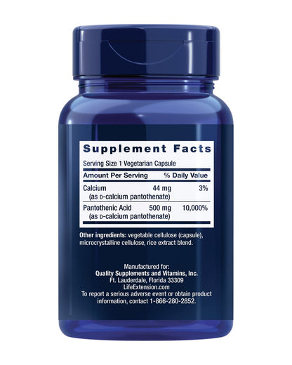 Life Extension Pantothensäure 500 mg – Vitamin B5 für gesunden Stoffwechsel & mitochondriale Energieproduktion, glutenfrei, nicht-GVO, vegetarisch, 100 Kapseln