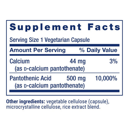 Life Extension Pantothensäure 500 mg – Vitamin B5 für gesunden Stoffwechsel & mitochondriale Energieproduktion, glutenfrei, nicht-GVO, vegetarisch, 100 Kapseln