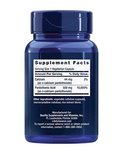 Life Extension Pantothensäure 500 mg – Vitamin B5 für gesunden Stoffwechsel & mitochondriale Energieproduktion, glutenfrei, nicht-GVO, vegetarisch, 100 Kapseln