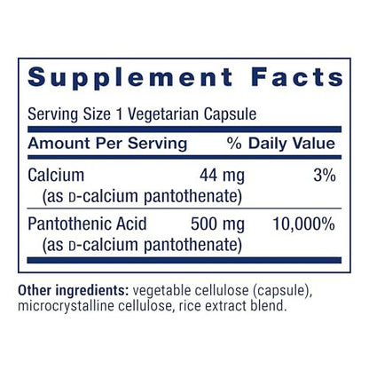 Life Extension Pantothensäure 500 mg – Vitamin B5 für gesunden Stoffwechsel & mitochondriale Energieproduktion, glutenfrei, nicht-GVO, vegetarisch, 100 Kapseln
