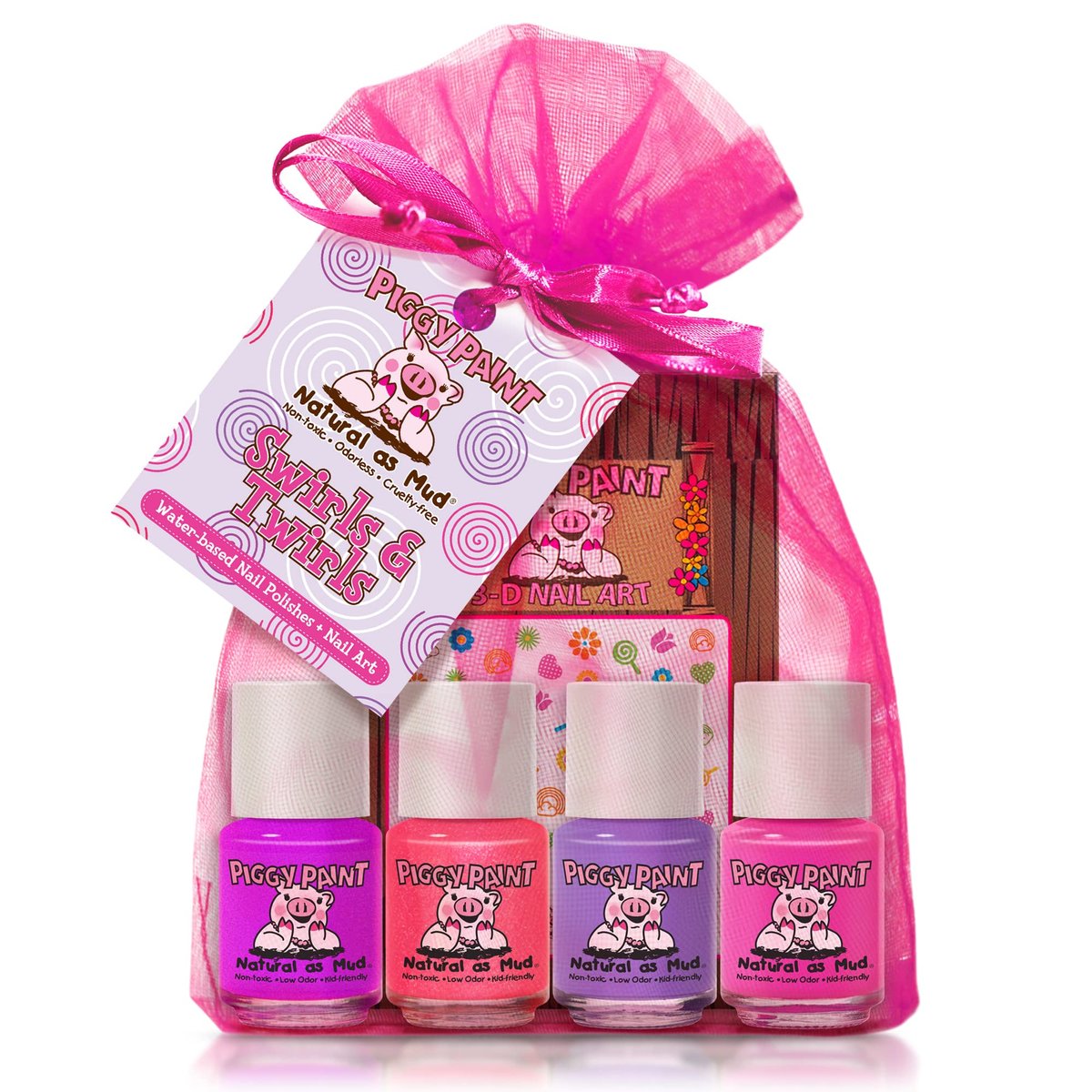 Piggy Paint Swirls & Twirls Set – 100% Ungiftiger Nagellack für Kinder, 4 Farben + Nagelkunst, Vegan & Tierversuchsfrei