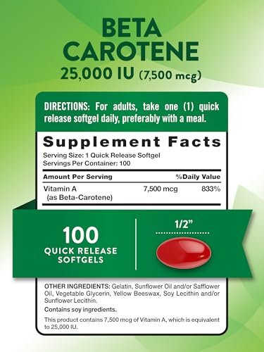 Nature's Truth Beta-Carotin 25.000 IE Weichkapseln – 100 Stück | Vitamin-A-Präparat | Nicht-GVO und Glutenfrei
