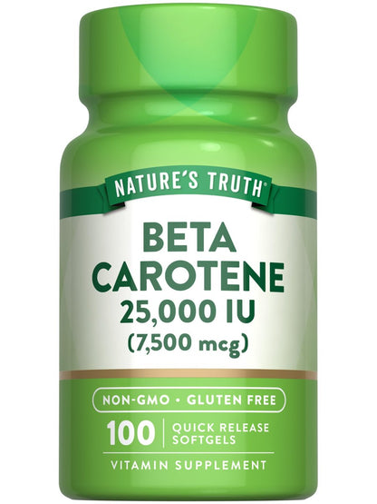 Nature's Truth Beta-Carotin 25.000 IE Weichkapseln – 100 Stück | Vitamin-A-Präparat | Nicht-GVO und Glutenfrei