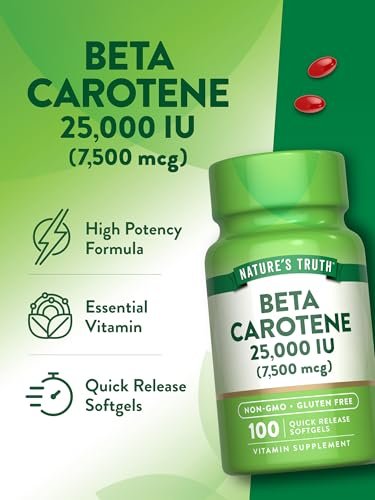 Nature's Truth Beta-Carotin 25.000 IE Weichkapseln – 100 Stück | Vitamin-A-Präparat | Nicht-GVO und Glutenfrei