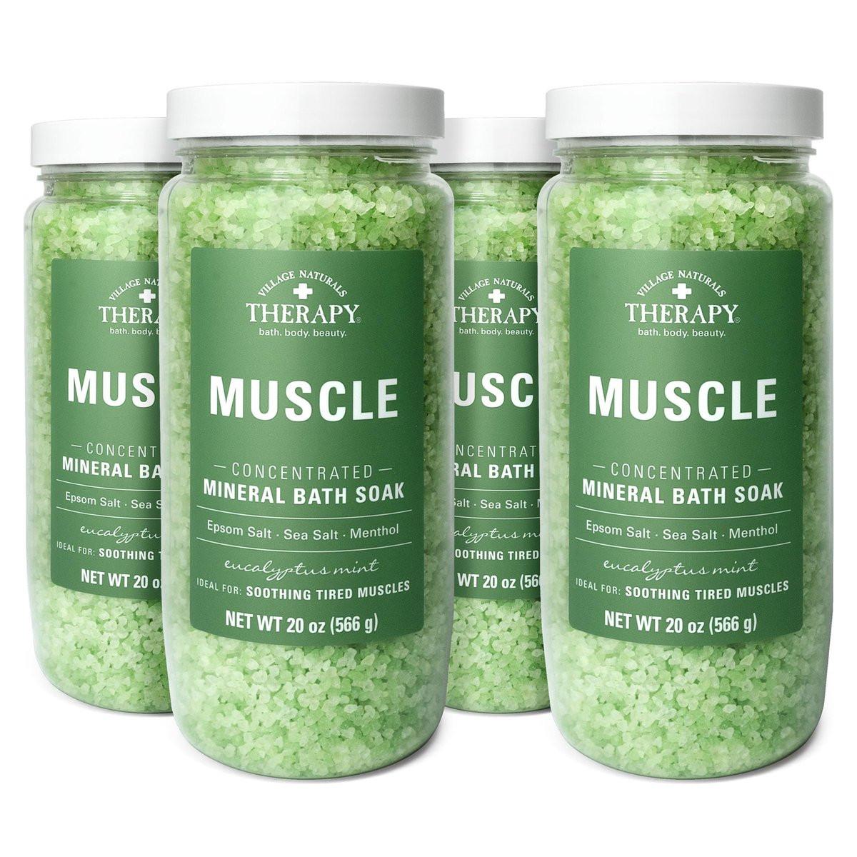 Village Naturals Therapy Muscle Konzentriertes Mineral-Badesalz, Eukalyptus Minze Duft, 20 oz, Packung mit 4