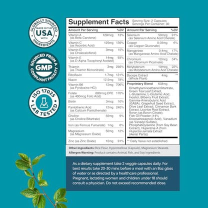 Nootropisches Gehirn-Ergänzungsmittel für Gedächtnis und Fokus – Vitamine für geistige Gesundheit und Klarheit mit Vitamin A, B6, Riboflavin, Niacin, Thiamin und Folat – Kognitiver Komplex für geistige Vitalität – 60 Kapseln