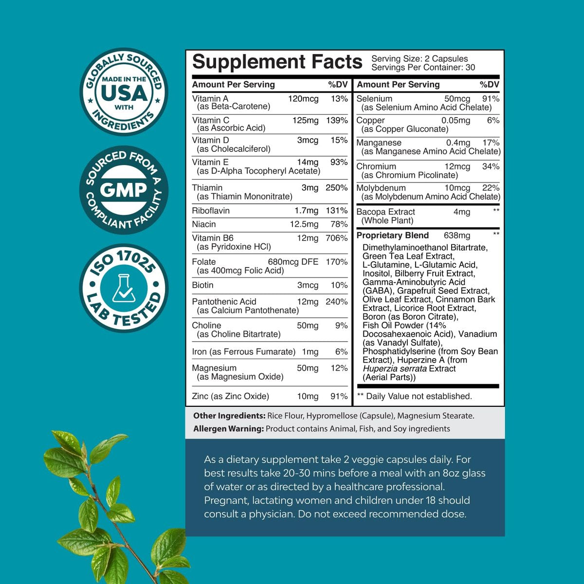 Nootropisches Gehirn-Ergänzungsmittel für Gedächtnis und Fokus – Vitamine für geistige Gesundheit und Klarheit mit Vitamin A, B6, Riboflavin, Niacin, Thiamin und Folat – Kognitiver Komplex für geistige Vitalität – 60 Kapseln