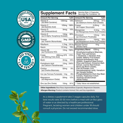 Nootropisches Gehirn-Ergänzungsmittel für Gedächtnis und Fokus – Vitamine für geistige Gesundheit und Klarheit mit Vitamin A, B6, Riboflavin, Niacin, Thiamin und Folat – Kognitiver Komplex für geistige Vitalität – 60 Kapseln
