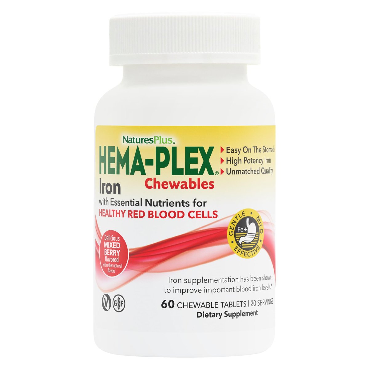 NaturesPlus Hema-Plex Eisen 85 mg – 60 Kirsch-Bonbons – mit Vitamin C & Bioflavonoiden – Vegan & Glutenfrei – 20 Portionen