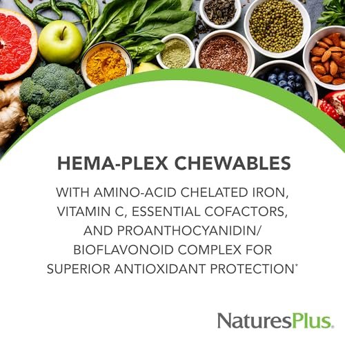 NaturesPlus Hema-Plex Eisen 85 mg – 60 Kirsch-Bonbons – mit Vitamin C & Bioflavonoiden – Vegan & Glutenfrei – 20 Portionen