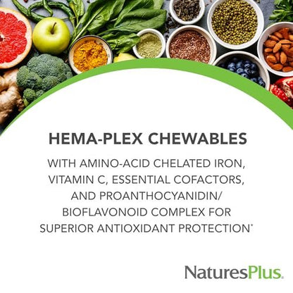 NaturesPlus Hema-Plex Eisen 85 mg – 60 Kirsch-Bonbons – mit Vitamin C & Bioflavonoiden – Vegan & Glutenfrei – 20 Portionen