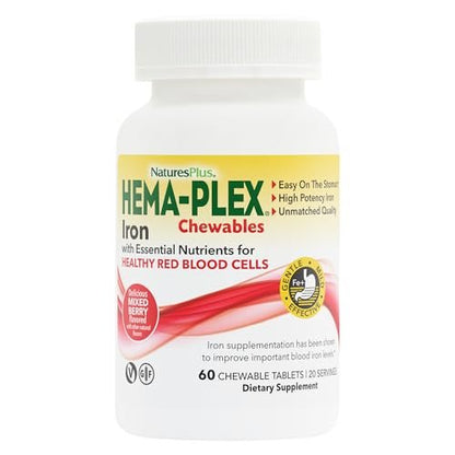 NaturesPlus Hema-Plex Eisen 85 mg – 60 Kirsch-Bonbons – mit Vitamin C & Bioflavonoiden – Vegan & Glutenfrei – 20 Portionen