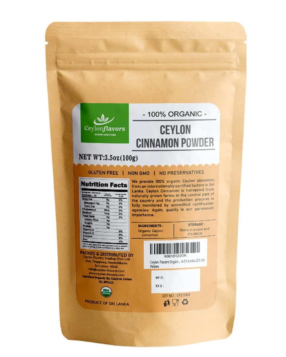 Ceylon Flavors Bio Ceylon Zimt Pulver, Premium Special Grade, Nicht GVO, Geerntet von einer USDA-zertifizierten Bio-Farm in Sri Lanka (100 g)