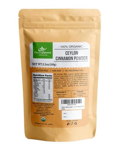 Ceylon Flavors Bio Ceylon Zimt Pulver, Premium Special Grade, Nicht GVO, Geerntet von einer USDA-zertifizierten Bio-Farm in Sri Lanka (100 g)