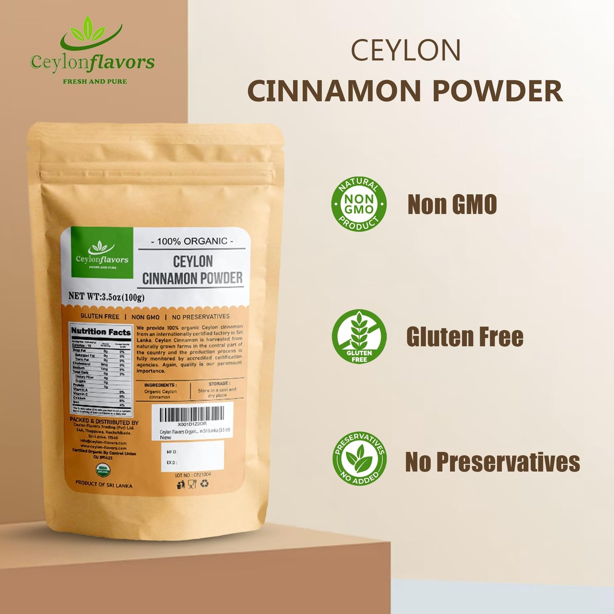 Ceylon Flavors Bio Ceylon Zimt Pulver, Premium Special Grade, Nicht GVO, Geerntet von einer USDA-zertifizierten Bio-Farm in Sri Lanka (100 g)