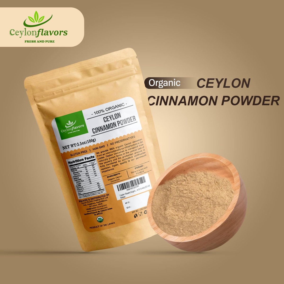 Ceylon Flavors Bio Ceylon Zimt Pulver, Premium Special Grade, Nicht GVO, Geerntet von einer USDA-zertifizierten Bio-Farm in Sri Lanka (100 g)