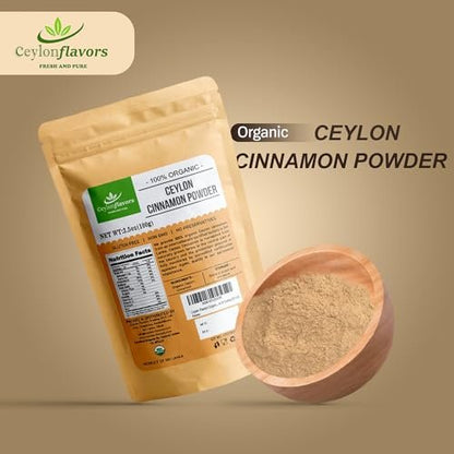 Ceylon Flavors Bio Ceylon Zimt Pulver, Premium Special Grade, Nicht GVO, Geerntet von einer USDA-zertifizierten Bio-Farm in Sri Lanka (100 g)
