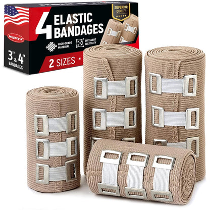 Premium elastische Binden 4er-Set (2x 7,5 cm, 2x 10 cm) + 12 extra Clips – Starke Kompressionsbandagen für Bein, Arm, Handgelenk, Ellenbogen, Knöchel, Fuß und Knie – für Erste-Hilfe-Set und nach Operationen