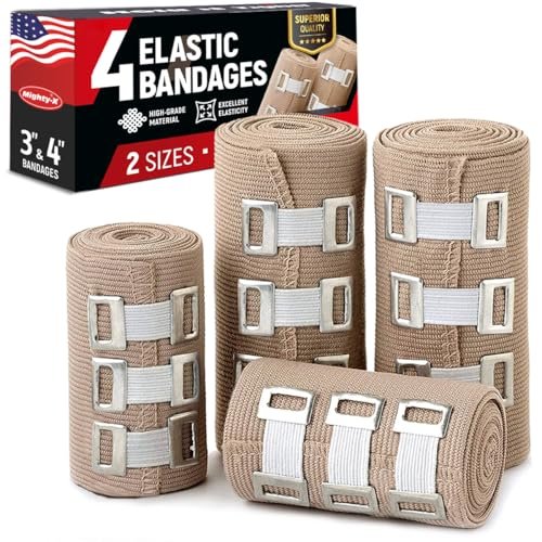 Premium elastische Binden 4er-Set (2x 7,5 cm, 2x 10 cm) + 12 extra Clips – Starke Kompressionsbandagen für Bein, Arm, Handgelenk, Ellenbogen, Knöchel, Fuß und Knie – für Erste-Hilfe-Set und nach Operationen