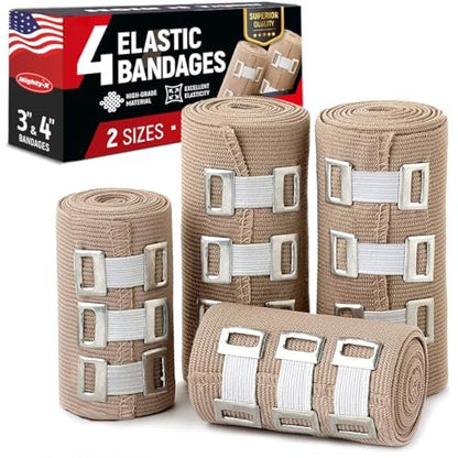 Premium elastische Binden 4er-Set (2x 7,5 cm, 2x 10 cm) + 12 extra Clips – Starke Kompressionsbandagen für Bein, Arm, Handgelenk, Ellenbogen, Knöchel, Fuß und Knie – für Erste-Hilfe-Set und nach Operationen