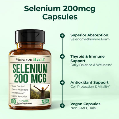 Selen 200 mcg Kapseln – Hochdosiertes Selenpräparat für Schilddrüse, Antioxidantien & Immunsystem – Hoch bioverfügbares L-Selenomethionin – essentielle Mineralstoffergänzung – vegan, 100 Kapseln