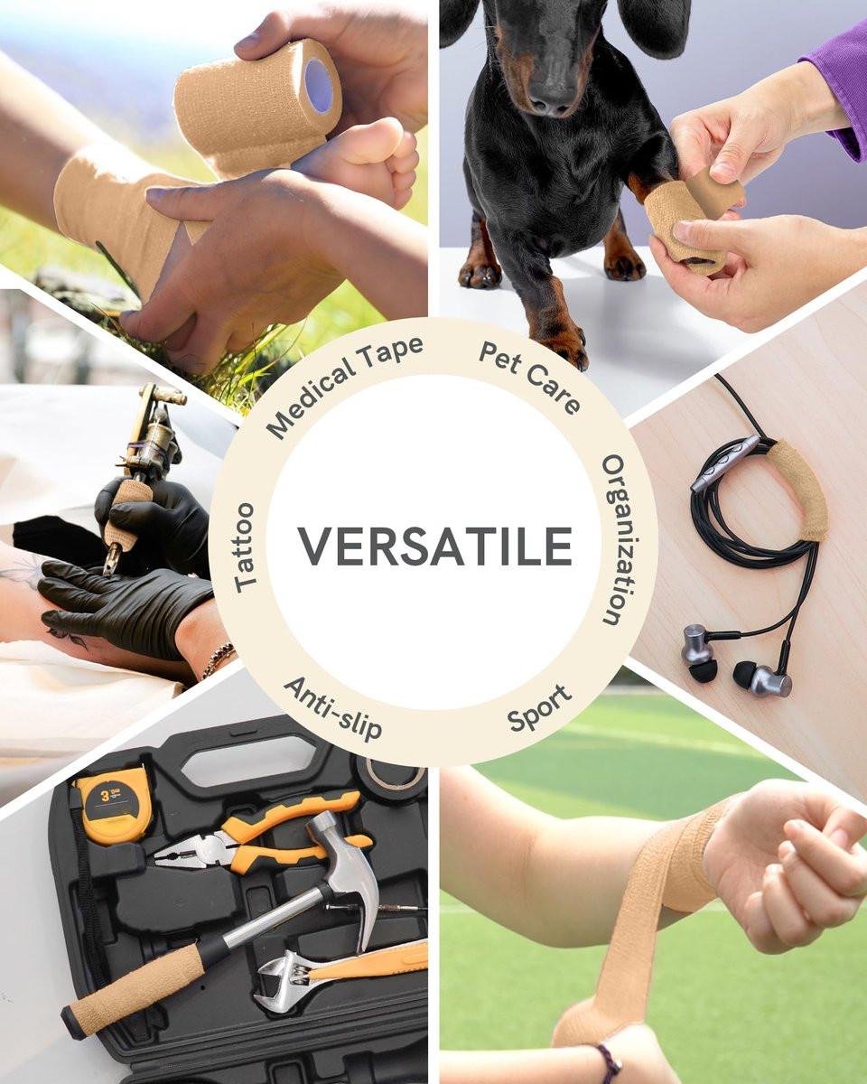 FriCARE Selbstklebender Verband, 6 Rollen á 5 Yards, 5 cm Breite, Tan – First-Hilfe-Bandage für Wunden, Sport und Tiere