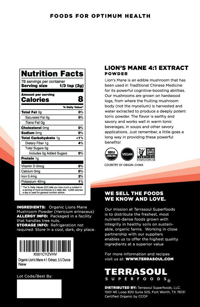 Terrasoul Superfoods Bio Löwenmähnenpilz Pulver (4:1 Extrakt), 155 g